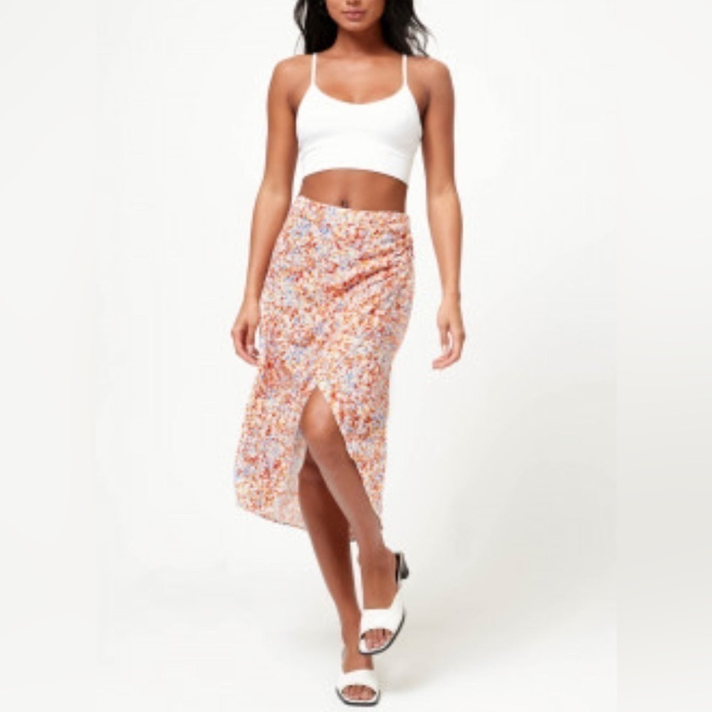 Lush Abstract Floral Red Periwinkle Flirty Wrap Midi Skirt Summer Resort S